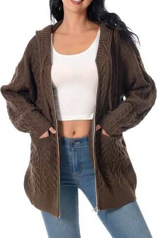 Shineflow Women Hooded Cardigan Oversized Slouchy Zipper Cable Knit Cardigan Coat Solid Color Sweater Casual Knit Knitwear in Kuwait