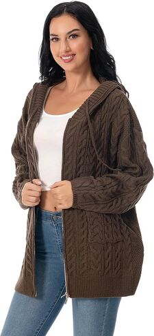 Shineflow Women Hooded Cardigan Oversized Slouchy Zipper Cable Knit Cardigan Coat Solid Color Sweater Casual Knit Knitwear in Kuwait