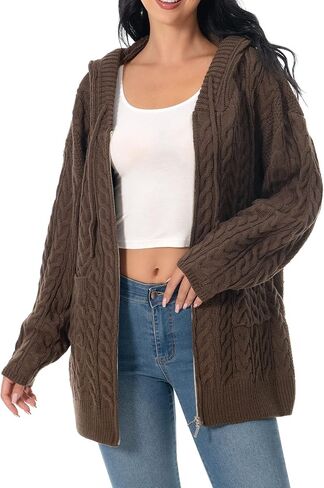 Shineflow Women Hooded Cardigan Oversized Slouchy Zipper Cable Knit Cardigan Coat Solid Color Sweater Casual Knit Knitwear in Kuwait