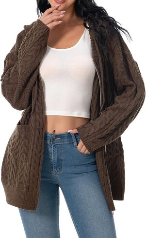 Shineflow Women Hooded Cardigan Oversized Slouchy Zipper Cable Knit Cardigan Coat Solid Color Sweater Casual Knit Knitwear in Kuwait
