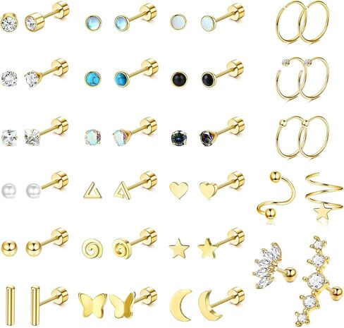 SAILIMUE 23 زوجًا من الأقراط الجراحية المصنوعة من الفولاذ بظهر مسطح للنساء والرجال لا تسبب الحساسية 20 جرام أقراط غضروفية صغيرة أقراط مسمارية صغيرة تشيكوسلوفاكيا نجمة القمر القلب أوبال اللولب الزنمة Daith أقراط ثقب المجوهرات in Kuwait