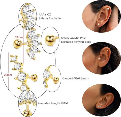 SAILIMUE 23 زوجًا من الأقراط الجراحية المصنوعة من الفولاذ بظهر مسطح للنساء والرجال لا تسبب الحساسية 20 جرام أقراط غضروفية صغيرة أقراط مسمارية صغيرة تشيكوسلوفاكيا نجمة القمر القلب أوبال اللولب الزنمة Daith أقراط ثقب المجوهرات in Kuwait