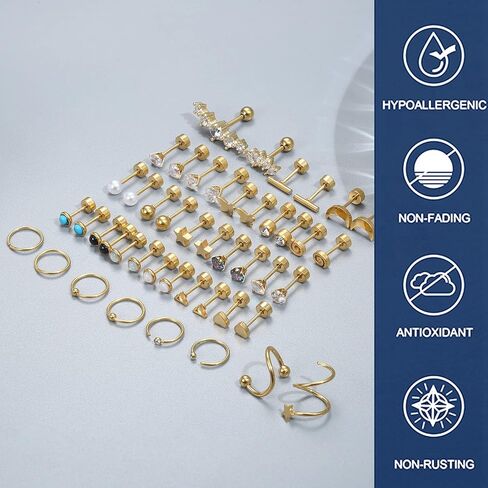 SAILIMUE 23 زوجًا من الأقراط الجراحية المصنوعة من الفولاذ بظهر مسطح للنساء والرجال لا تسبب الحساسية 20 جرام أقراط غضروفية صغيرة أقراط مسمارية صغيرة تشيكوسلوفاكيا نجمة القمر القلب أوبال اللولب الزنمة Daith أقراط ثقب المجوهرات in Kuwait