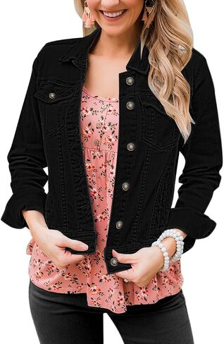 Vetinee Womens Stretch Button Down Long Sleeve Pockets Denim Jean Trucker Jacket in Kuwait