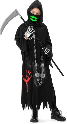 زي غريم ريبر للأطفال، أزياء الهالوين للأولاد والبنات، مع المنجل والسلسلة والقفازات والأقنعة المضيئة in Kuwait