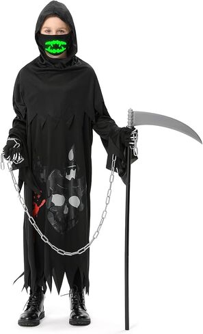 زي غريم ريبر للأطفال، أزياء الهالوين للأولاد والبنات، مع المنجل والسلسلة والقفازات والأقنعة المضيئة in Kuwait
