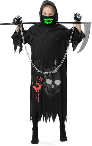 زي غريم ريبر للأطفال، أزياء الهالوين للأولاد والبنات، مع المنجل والسلسلة والقفازات والأقنعة المضيئة in Kuwait