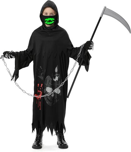 زي غريم ريبر للأطفال، أزياء الهالوين للأولاد والبنات، مع المنجل والسلسلة والقفازات والأقنعة المضيئة in Kuwait