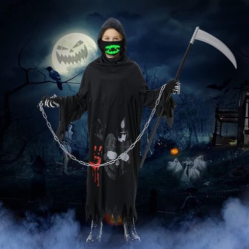 زي غريم ريبر للأطفال، أزياء الهالوين للأولاد والبنات، مع المنجل والسلسلة والقفازات والأقنعة المضيئة in Kuwait
