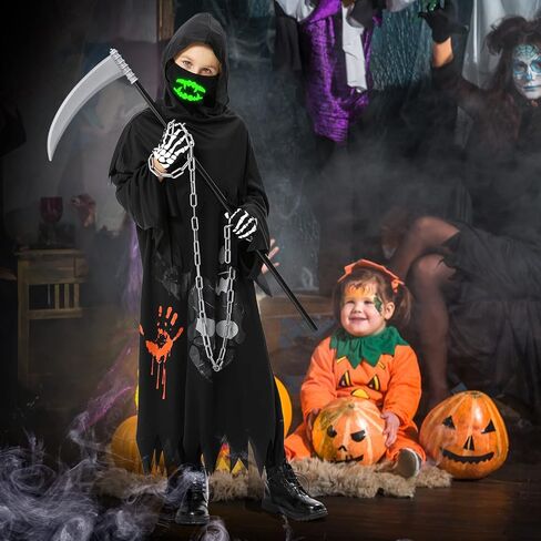 زي غريم ريبر للأطفال، أزياء الهالوين للأولاد والبنات، مع المنجل والسلسلة والقفازات والأقنعة المضيئة in Kuwait