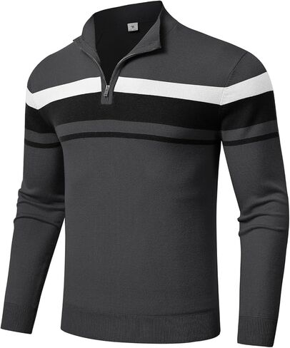 سترة BGOWATU الرجالية بلوفر ربع سحاب مخطط بولو سترة بياقة للخريف والربيع والشتاء in Kuwait