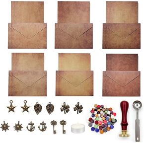 ورق ومظروف عتيق، مجموعة ورق قرطاسية للكتابة القديمة، تتضمن 24 ورقة عتيقة، و12 ظرفًا مع قلادة، و60 خرزة شمع مانعة للتسرب، وملعقة شمع، وختم ختم الشمع لكتابة الحروف in Kuwait