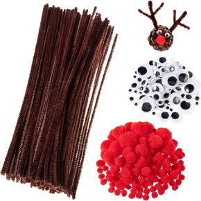 Whaline 350Pcs Christmas Pipe Cleaners Set Including 100Pcs Brown Craft Chenille Stems, 100Pcs Multi Sized Wiggle Googly Eyes and 150 Pcs Pompoms for Craft DIY Art Supplies in Kuwait