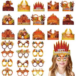 32 قطعة من قبعة ورق الديك الرومي لعيد الشكر والنظارات الورقية وعصابات رأس ونظارات عيد الشكر على شكل قرع تركيا وخشب القيقب وحفلات عيد الشكر للأطفال والكبار وإكسسوارات حفلات عيد الشكر in Kuwait