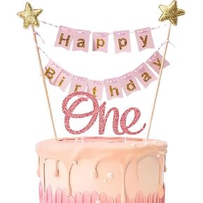 1st Birthday Cake Toppers Pre-strung Happy Birthday Banner Number One Topper First Boy Baby Shower Dessert Decoration Kit, Blue