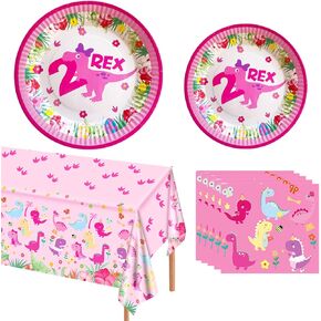 BEOXAGAR 10 قطع من المناشف الورقية على شكل ديناصور بعمر عامين بالإضافة إلى مفرش المائدة، واثنتان من زينة عيد ميلاد ريكس للفتيات، لوازم حفلات عيد الميلاد الثاني للفتيات، لوازم حفلات الديناصورات الوردية في عيد الميلاد الثاني. in Kuwait
