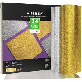 Arteza Glitter Paper, 24 Sheets, 12 x 12 Inches, Gold and Silver Scrapbook Paper, Arts and Crafts Supplies for Holiday Decor, Decoupage, and DIY Projects