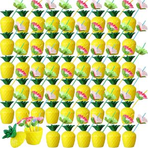 Nuenen 80 Pcs Pineapple Cups Plastic Pineapple Cups with Lids Hibiscus Straws Hawaiian Luau Cups with Palm Leaves Pineapple Drink Cups Tiki Cups for Tropical Luau Aloha Beach Theme Party Supplies in Saudi Arabia