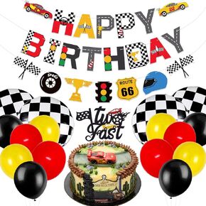 زينة سريعة لحفلات أعياد الميلاد من Race Car، لافتة عيد ميلاد وبالونات علوية للكعكة الثانية ذات علم مربعات للسباق، لوازم الحفلات ذات الطابع الخاص بالسباق