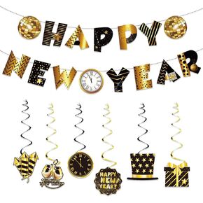 زخارف دوامة معلقة من Happy New Year لوازم حفلات ليلة رأس السنة الجديدة مع لافتة سنة جديدة سعيدة زينة سنة جديدة سعيدة للسقف والجدار والنوافذ وديكورات حفلات ليلة رأس السنة الجديدة in Kuwait
