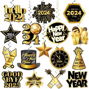 2024 Happy New Year Decor, Black Rose Gold Happy New Year Hanging Swirls Decorations 2024 New Years Eve Party Supplies in Kuwait