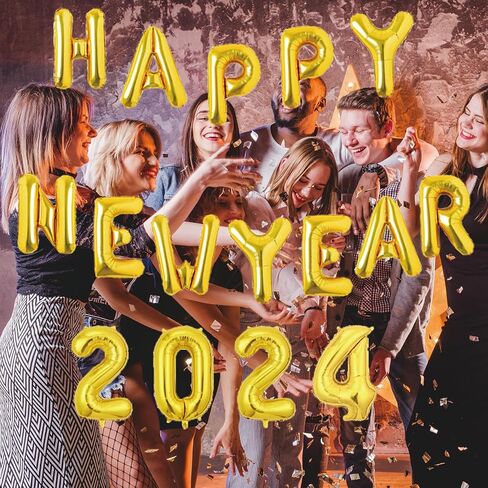 Happy New Year Decorations 2024 Set -Happy New Year Banner, Gold 2024 Balloons,New Years Eve Party Supplies 2024 in Kuwait