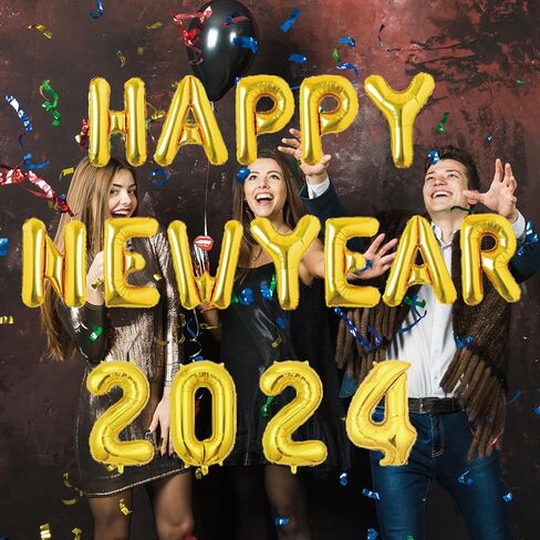 Happy New Year Decorations 2024 Set -Happy New Year Banner, Gold 2024 Balloons,New Years Eve Party Supplies 2024 in Kuwait