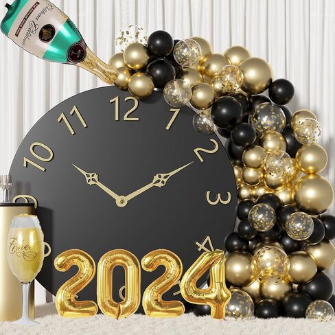 2024 سنة جديدة سعيدة زينة الذهب الأسود السنة الجديدة بالون جارلاند قوس عدة زجاجة الشمبانيا بالون قوس عيد ميلاد رأس السنة الجديدة لوازم الحفلات in Kuwait