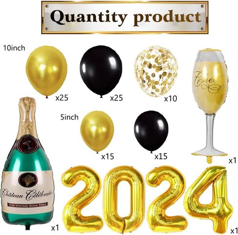 2024 سنة جديدة سعيدة زينة الذهب الأسود السنة الجديدة بالون جارلاند قوس عدة زجاجة الشمبانيا بالون قوس عيد ميلاد رأس السنة الجديدة لوازم الحفلات in Kuwait