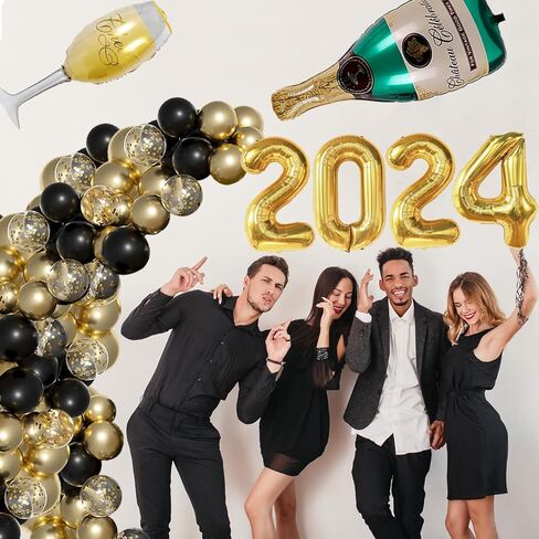 2024 سنة جديدة سعيدة زينة الذهب الأسود السنة الجديدة بالون جارلاند قوس عدة زجاجة الشمبانيا بالون قوس عيد ميلاد رأس السنة الجديدة لوازم الحفلات in Kuwait