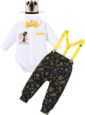 IBTOM CASTLE Baby Boy Winter Snowflake 1st Birthday Outfits Cake Smash Romper & Long Pants & Suspenders & Crown Photo Props in Saudi Arabia
