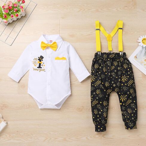 IBTOM CASTLE Baby Boy Winter Snowflake 1st Birthday Outfits Cake Smash Romper & Long Pants & Suspenders & Crown Photo Props in Saudi Arabia