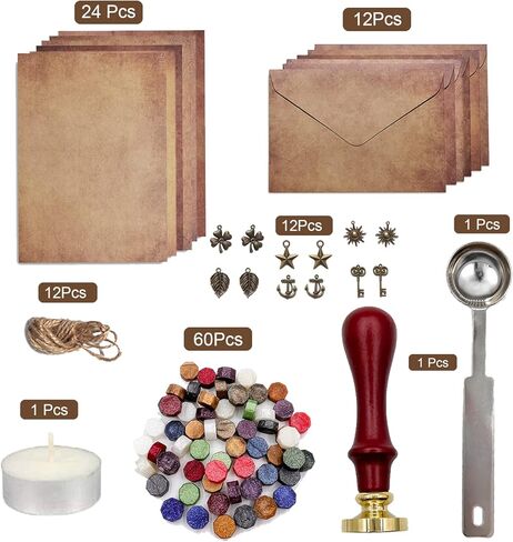 ورق ومظروف عتيق، مجموعة ورق قرطاسية للكتابة القديمة، تتضمن 24 ورقة عتيقة، و12 ظرفًا مع قلادة، و60 خرزة شمع مانعة للتسرب، وملعقة شمع، وختم ختم الشمع لكتابة الحروف in Kuwait
