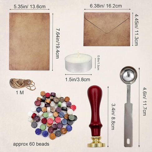 ورق ومظروف عتيق، مجموعة ورق قرطاسية للكتابة القديمة، تتضمن 24 ورقة عتيقة، و12 ظرفًا مع قلادة، و60 خرزة شمع مانعة للتسرب، وملعقة شمع، وختم ختم الشمع لكتابة الحروف in Kuwait