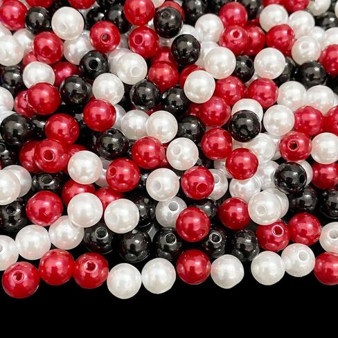 Jmassyang 400pcs 8mm Satin Luste Beads Round Plastic Pearl Beads Craft Beads Loose Pearls with Holes for Jewelry Making Bracelet Necklace Sewing Crafts Decoration (Black/White/Red) in Saudi Arabia