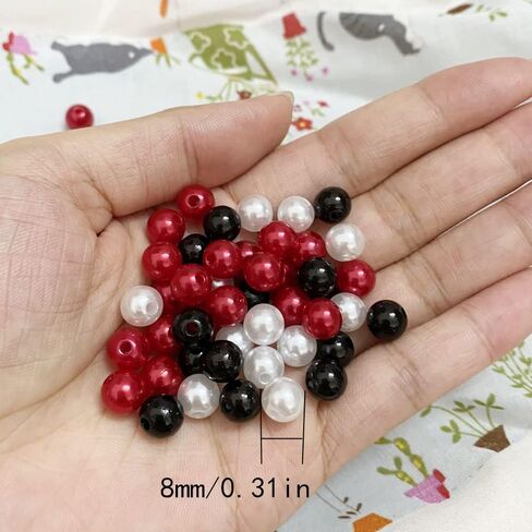 Jmassyang 400pcs 8mm Satin Luste Beads Round Plastic Pearl Beads Craft Beads Loose Pearls with Holes for Jewelry Making Bracelet Necklace Sewing Crafts Decoration (Black/White/Red) in Saudi Arabia