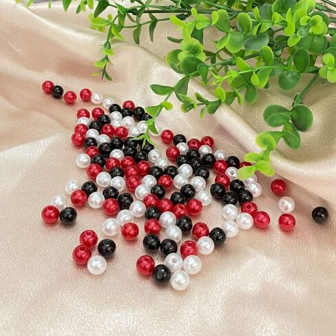 Jmassyang 400pcs 8mm Satin Luste Beads Round Plastic Pearl Beads Craft Beads Loose Pearls with Holes for Jewelry Making Bracelet Necklace Sewing Crafts Decoration (Black/White/Red) in Saudi Arabia