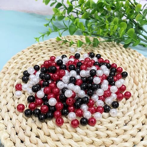Jmassyang 400pcs 8mm Satin Luste Beads Round Plastic Pearl Beads Craft Beads Loose Pearls with Holes for Jewelry Making Bracelet Necklace Sewing Crafts Decoration (Black/White/Red) in Saudi Arabia