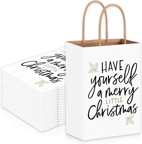 Whaline 16Pcs Christmas Kraft Paper Bags Merry Xmas Party Gift Bags with Handles White Black Goodie Treat Bags for Winter Holiday Supplies in Saudi Arabia