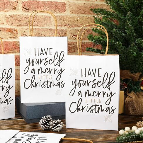 Whaline 16Pcs Christmas Kraft Paper Bags Merry Xmas Party Gift Bags with Handles White Black Goodie Treat Bags for Winter Holiday Supplies in Saudi Arabia