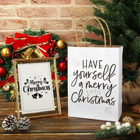 Whaline 16Pcs Christmas Kraft Paper Bags Merry Xmas Party Gift Bags with Handles White Black Goodie Treat Bags for Winter Holiday Supplies in Saudi Arabia