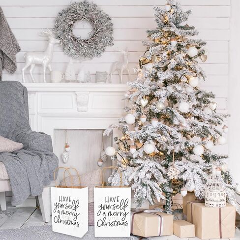 Whaline 16Pcs Christmas Kraft Paper Bags Merry Xmas Party Gift Bags with Handles White Black Goodie Treat Bags for Winter Holiday Supplies in Saudi Arabia