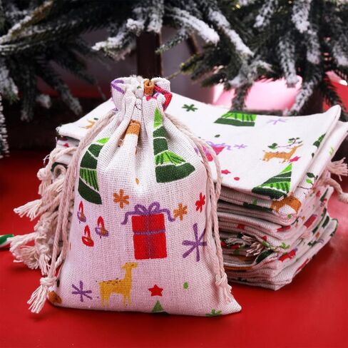 35 Pieces Small Christmas Drawstring Gift Bags Christmas Candy Treat Bags 4 x 5.5 Inch Reusable Burlap Bags for Xmas Holiday Party Supplies in Saudi Arabia