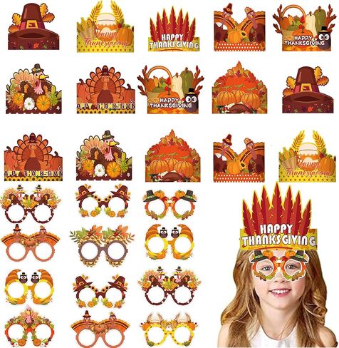 32 قطعة من قبعة ورق الديك الرومي لعيد الشكر والنظارات الورقية وعصابات رأس ونظارات عيد الشكر على شكل قرع تركيا وخشب القيقب وحفلات عيد الشكر للأطفال والكبار وإكسسوارات حفلات عيد الشكر in Kuwait