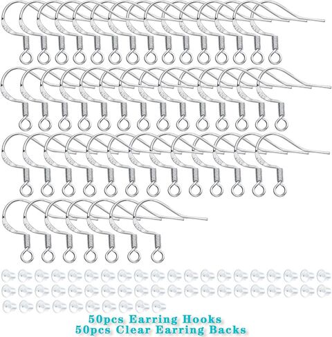 50pcs 925 Sterling Silver Earring Hooks Hypoallergenic Earwire Fish Hooks and 50pcs Silicone Clear Earring Safety Backs for DIY Earring Jewelry Making Supplies in Kuwait