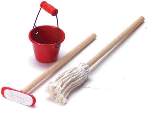 Dollhouse Bucket Mop & Broom Miniature Kitchen Cleaning Accessory in Saudi Arabia