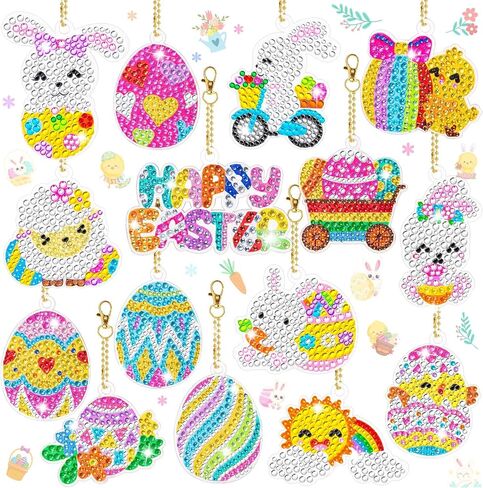 FFNIU 15 Pcs Easter Diamond Painting Ornaments, Diamond Art Ornaments, Diamond Painting 5D Keychains, Easter Eggs, Bunny, Baskets, Drill Pendant for DIY Key Ring Phone Charm Decor in Kuwait