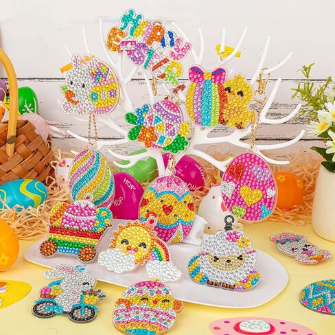 FFNIU 15 Pcs Easter Diamond Painting Ornaments, Diamond Art Ornaments, Diamond Painting 5D Keychains, Easter Eggs, Bunny, Baskets, Drill Pendant for DIY Key Ring Phone Charm Decor in Kuwait