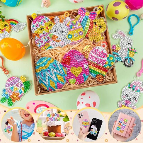 FFNIU 15 Pcs Easter Diamond Painting Ornaments, Diamond Art Ornaments, Diamond Painting 5D Keychains, Easter Eggs, Bunny, Baskets, Drill Pendant for DIY Key Ring Phone Charm Decor in Kuwait