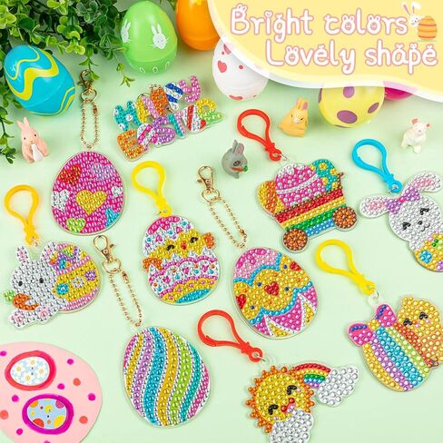 FFNIU 15 Pcs Easter Diamond Painting Ornaments, Diamond Art Ornaments, Diamond Painting 5D Keychains, Easter Eggs, Bunny, Baskets, Drill Pendant for DIY Key Ring Phone Charm Decor in Kuwait